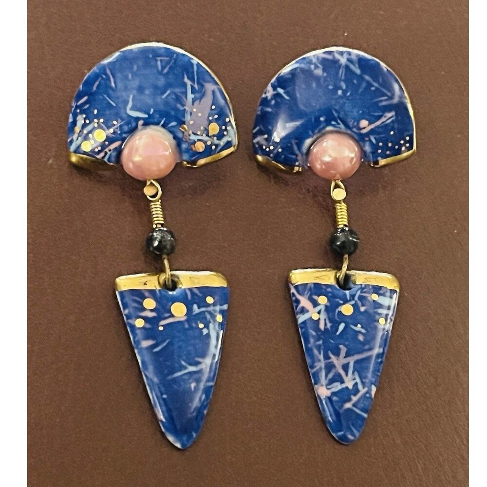 Vntge CYNTHIA CHUANG JEWELRY 10 Blue Gold Pink Pierced Earrings Modernist Dangle